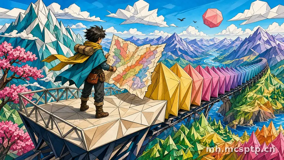 纸艺风旅人展开地图，彩色列车穿过折纸山谷